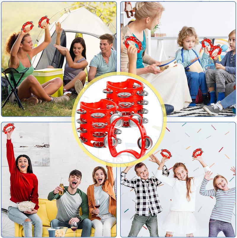 Lukmaa 12 Pcs Plastic Percussion Tambourine with 4 Bells Rhythm Musical Instruments for Adults Hand Tambourine Hand Held Percussion Drum for Party Kindergarten Family School Supplies (Red) - Image 4